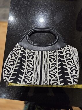 Talbots Black and Cream Embroidered Tote with Cutout Handles